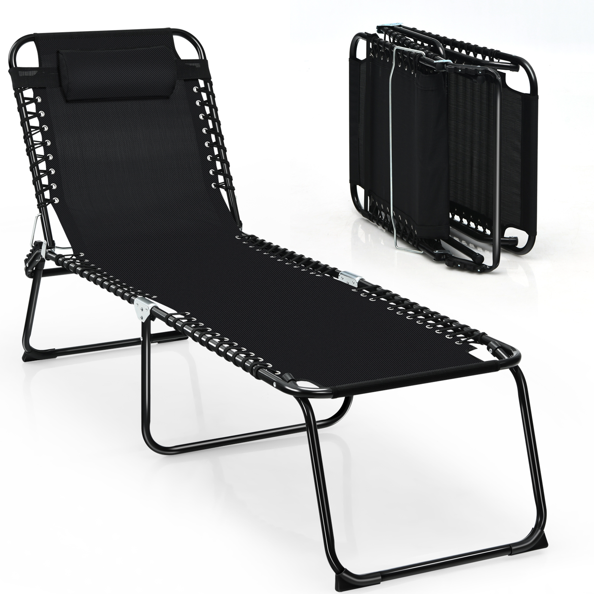 Gymax Folding Beach Lounger Chaise Lounge Chair w/ Pillow 4-Level Backrest Black - image 1 of 10