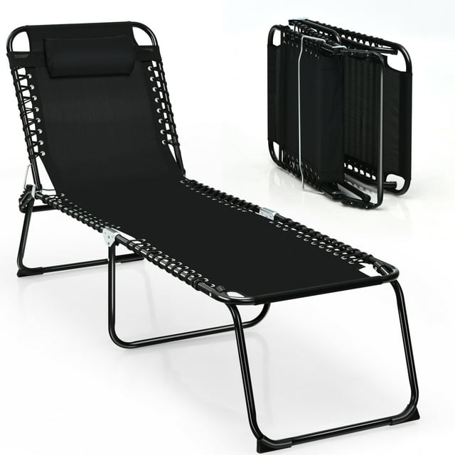 Gymax Folding Beach Lounger Chaise Lounge Chair w/ Pillow 4-Level Backrest Black