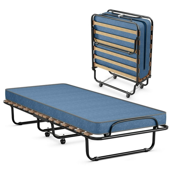 Gymax Folding Bed Rollaway Metal Guest Bed Sleeper Made in Italy w/ Memory Foam Mattress Navy