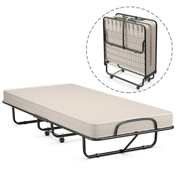 Gymax Folding Bed with Mattress Portable Rollaway Guest Cot Memory Foam Beige