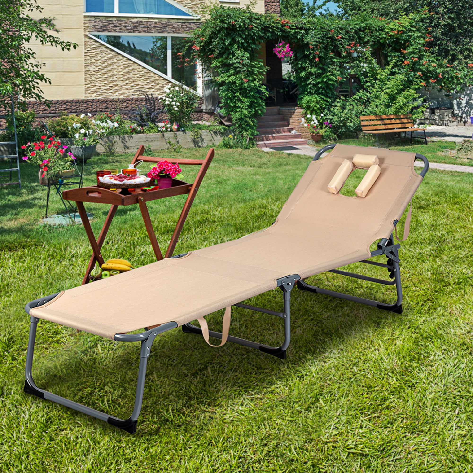 Gymax Folding Chaise Lounge Chair Bed Adjustable Outdoor Patio Beach Camping Recliner Beige