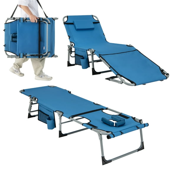 Gymax Folding Chaise Lounge Chair Sunbathing Recliner w/ Face Hole & Removable Pillow