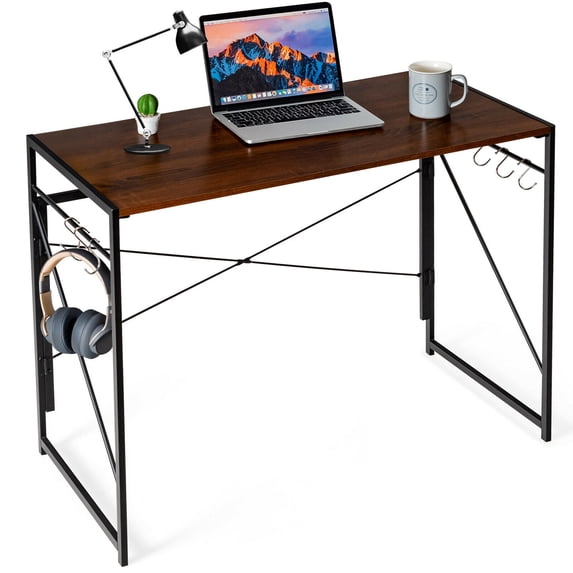 Gymax Folding Computer Desk Writing Study Desk Home Office w/ 6 Hooks Brown