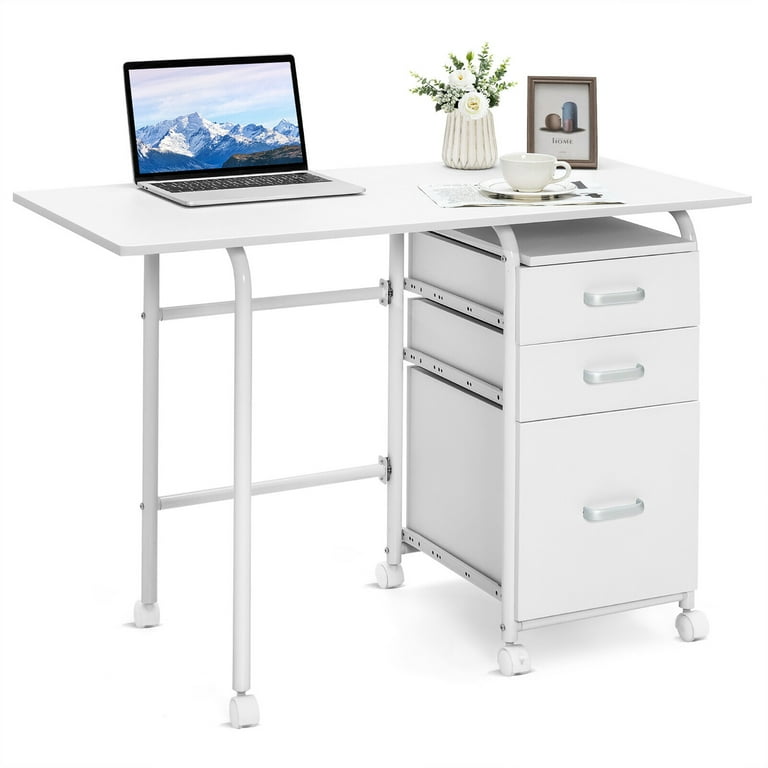 Gymax Folding Computer Laptop Desk Wheeled Home Office Furniture w 3 Drawers White