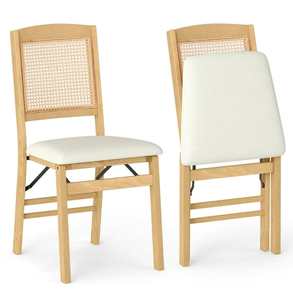 Gymax Folding Dining Chairs Set of 2 w/Linen Padded Seat & Rattan Backrest for Kitchen Natural & Beige