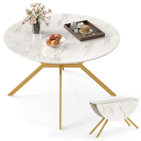 Gymax Folding Dining Table 47'' Extendable Round Kitchen Table w/Drop Leaves for Home White