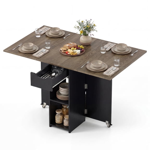 Gymax Folding Dining Table for 2-4 w/2 Open Shelves Drawer 2 Lockable Universal Wheels