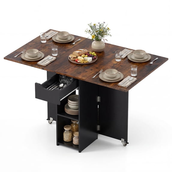 Gymax Folding Dining Table w/2 Open Shelves & Drawer 2 Lockable Universal Wheels Industrial & Black