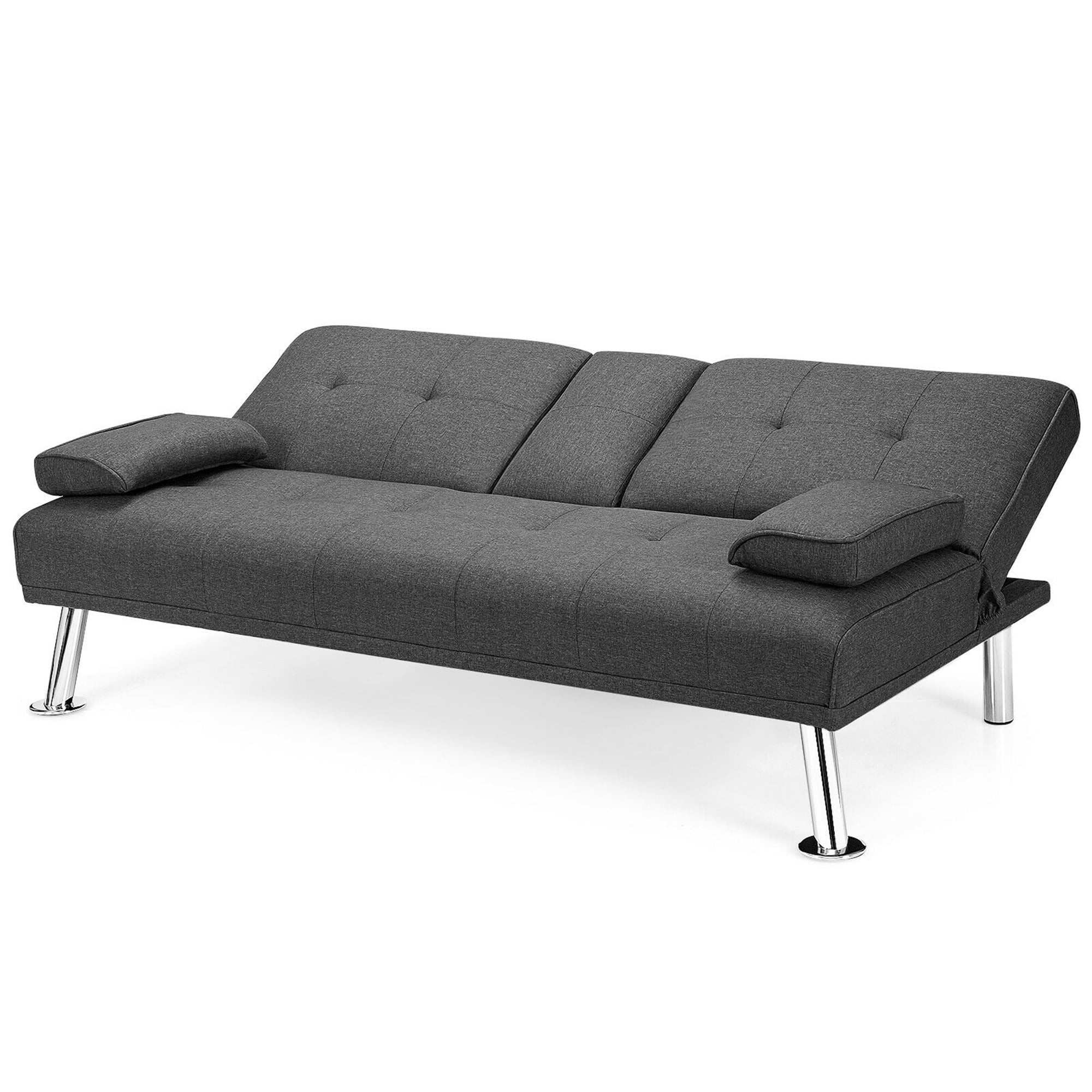 Gymax Folding Futon Sofa Bed Fabric w/2 Cup Holders Dark Gray