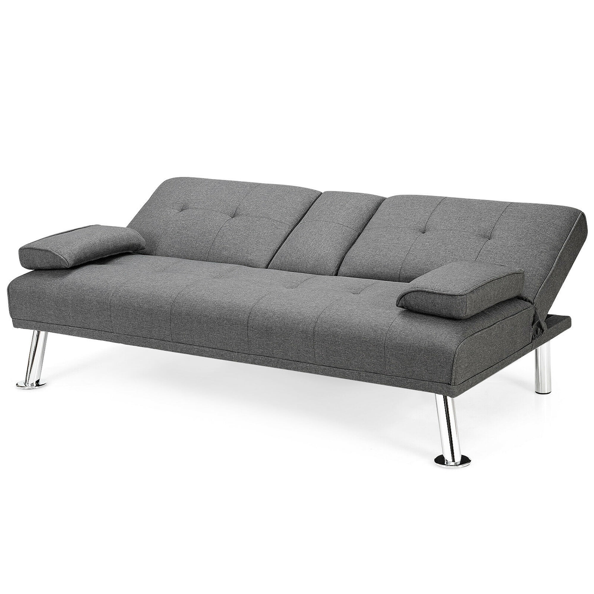 Gymax Folding Futon Sofa Bed Fabric w/2 Cup Holders Light Gray