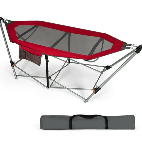 Gymax Folding Hammock Indoor & Outdoor Hammock with Side Pocket & Iron Stand Red