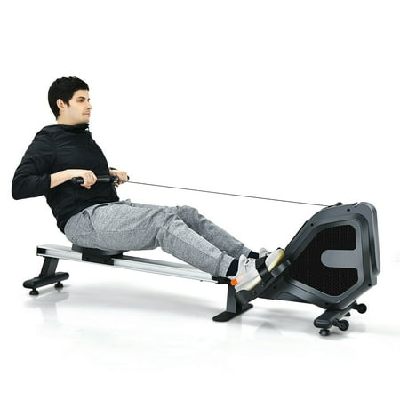 Costway - Folding Magnetic Rowing Machine with Monitor Aluminum Rail 8 Adjustable Resistance - Black