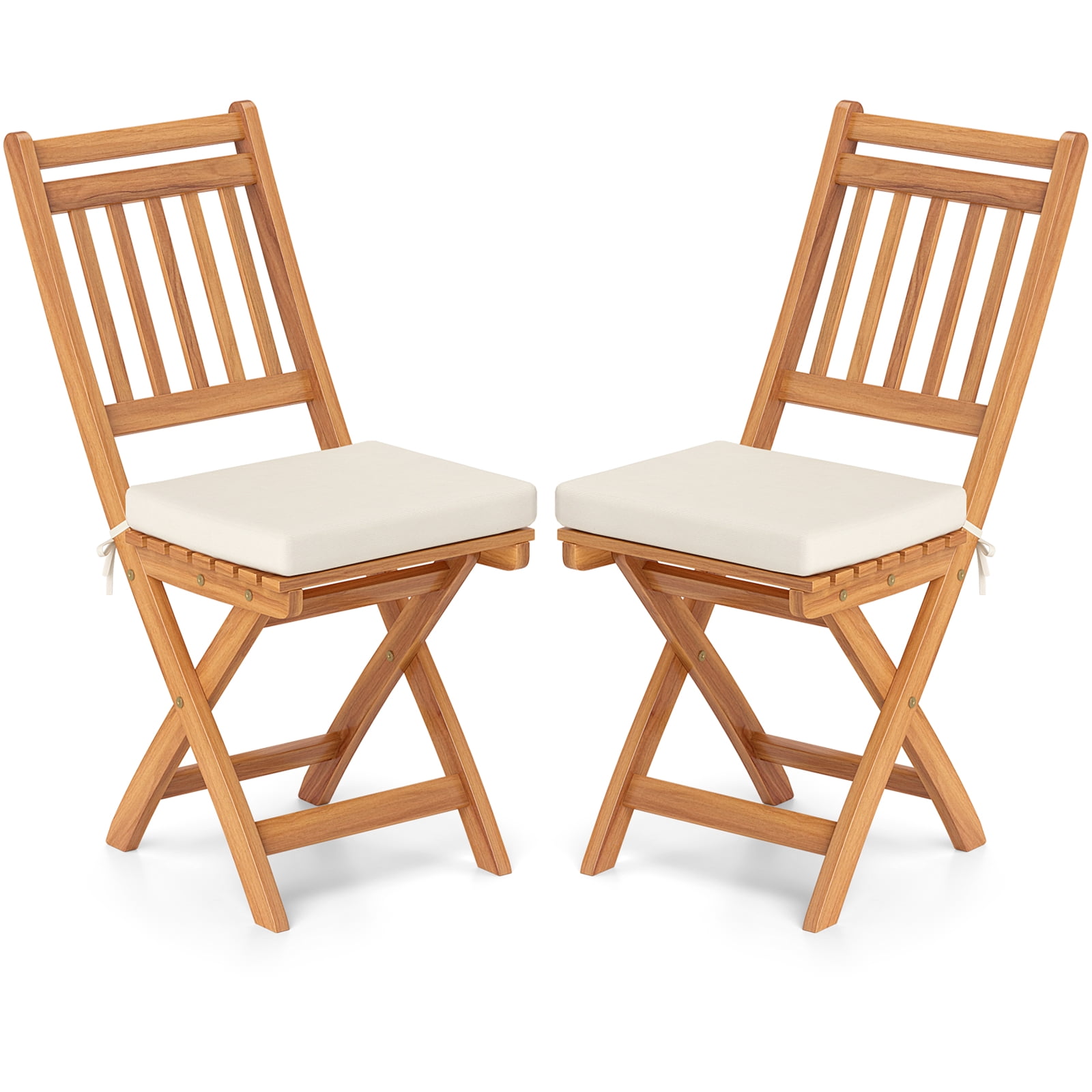 Gymax Folding Patio Chairs Set of 2 w/ Slatted Backrests & Soft Seat Cushions
