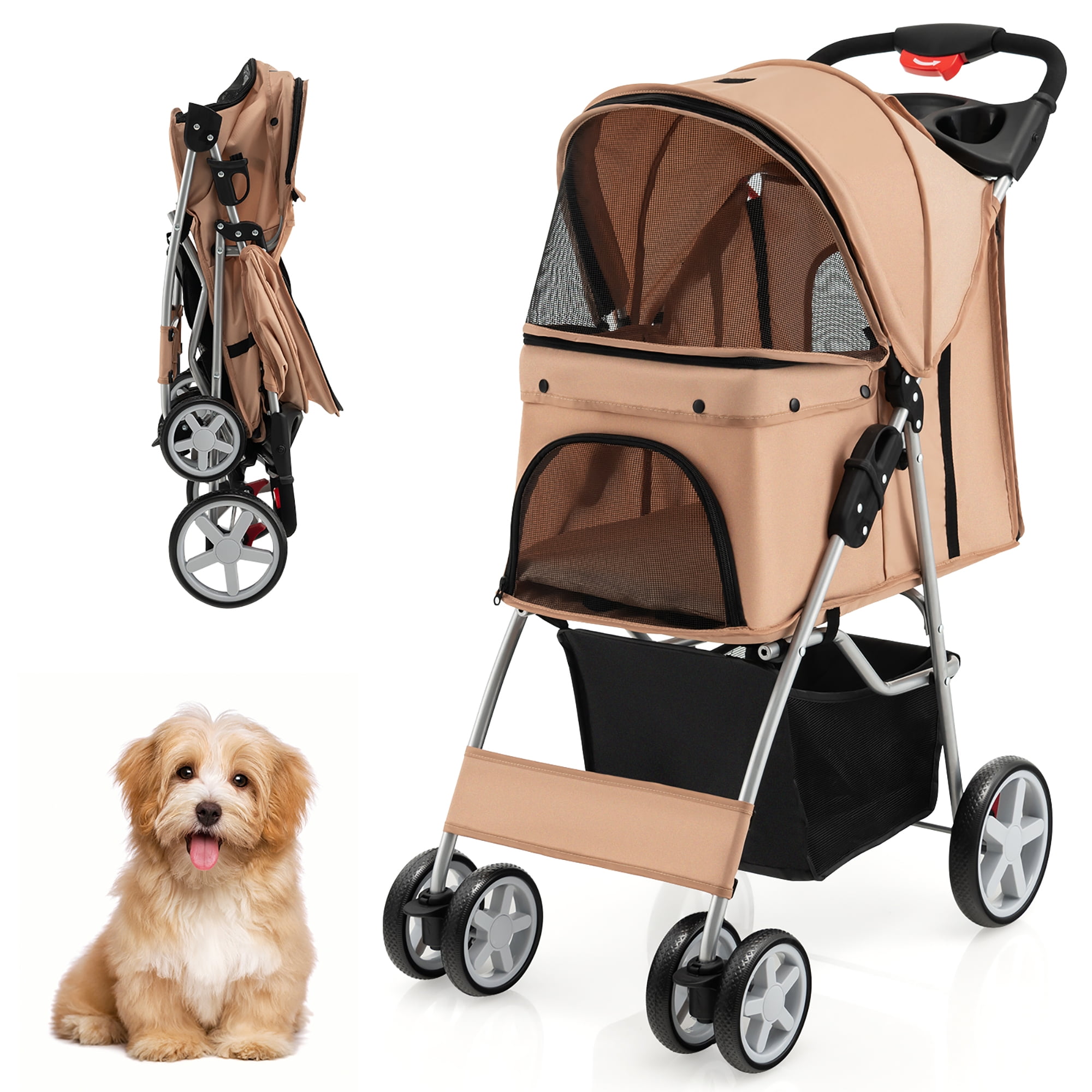 Gymax Folding Pet Stroller 4 Wheel Pet Travel Carrier w Storage Basket Beige