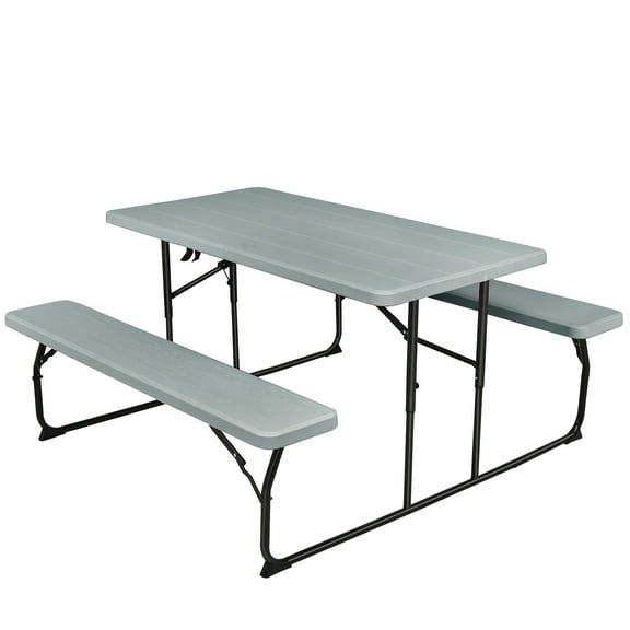 Gymax Folding Picnic Table & Bench Set for Camping BBQ w/ Steel Frame Grey