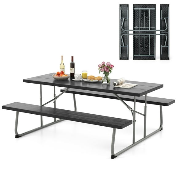 Gymax Folding Picnic Table w/ 2 Benches 6 FT Camping Table Set w/ Metal Frame