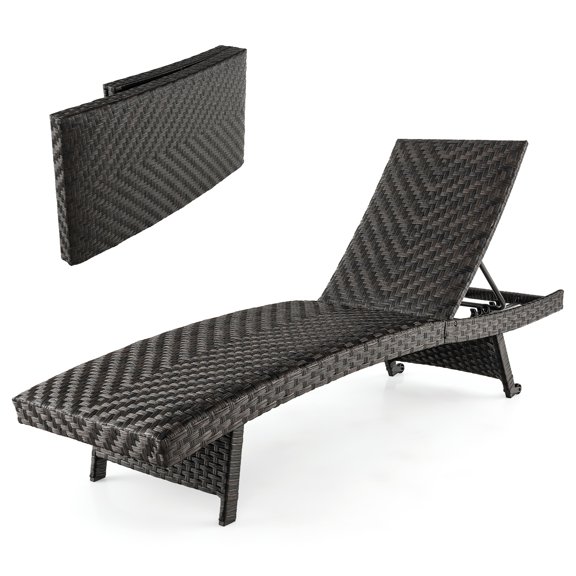 Gymax Folding Rattan Weather Resistant Chaise Lounge Chair Adjustable Recliner Quick Dry Foam Mix Brown