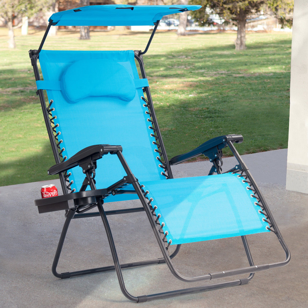 Gymax Folding Recliner Zero Gravity Lounge Chair W/ Shade Canopy Cup Holder Blue - image 1 of 10