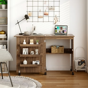 Gymax Folding Sewing Craft Table Shelf Storage Cabinet Home Furniture W/Wheels Brown