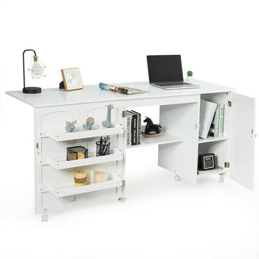 Gymax Folding Sewing Table Shelves Storage Cabinet Craft Cart W/Wheels Large White