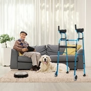 Gymax Folding Walker الألومنيوم المشي مساعدة إطار المشي قابل للتعديل مع عجلات زرقاء