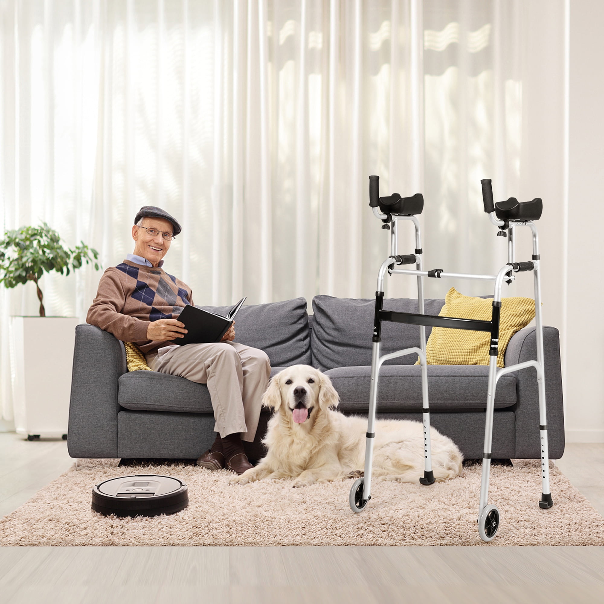 Gymax Folding Walker Aluminum Walking Aid Adjustable Walking Frame with Wheels Sliver