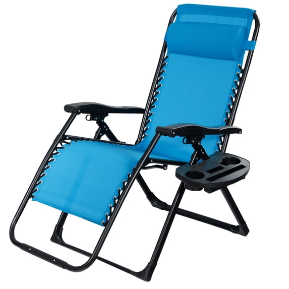 Gymax Folding Zero Gravity Lounge Chair Recliner w/ Cup Holder Tray Pillow Blue