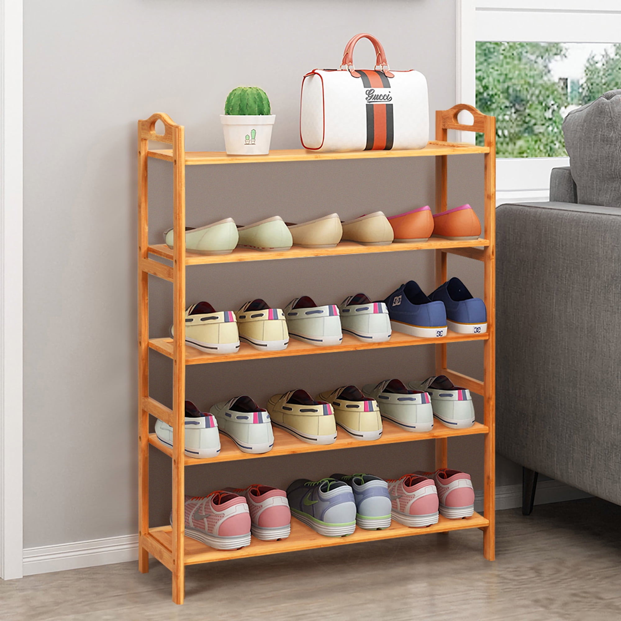 Gymax Freestanding 5-Tier Shoe Rack, Bamboo and Wood, Brown