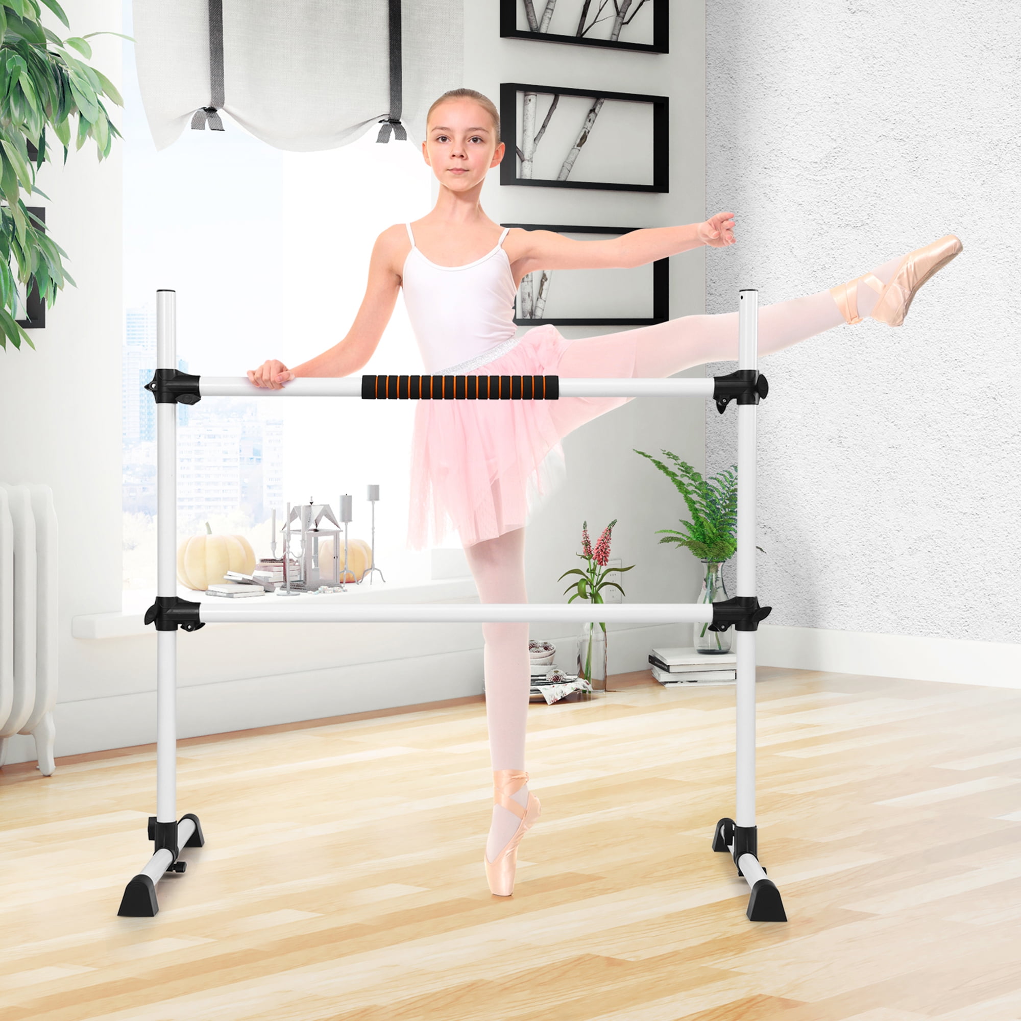 Gymax Freestanding Ballet Barre Double Stretching Adjustable Dance Bar  Silver