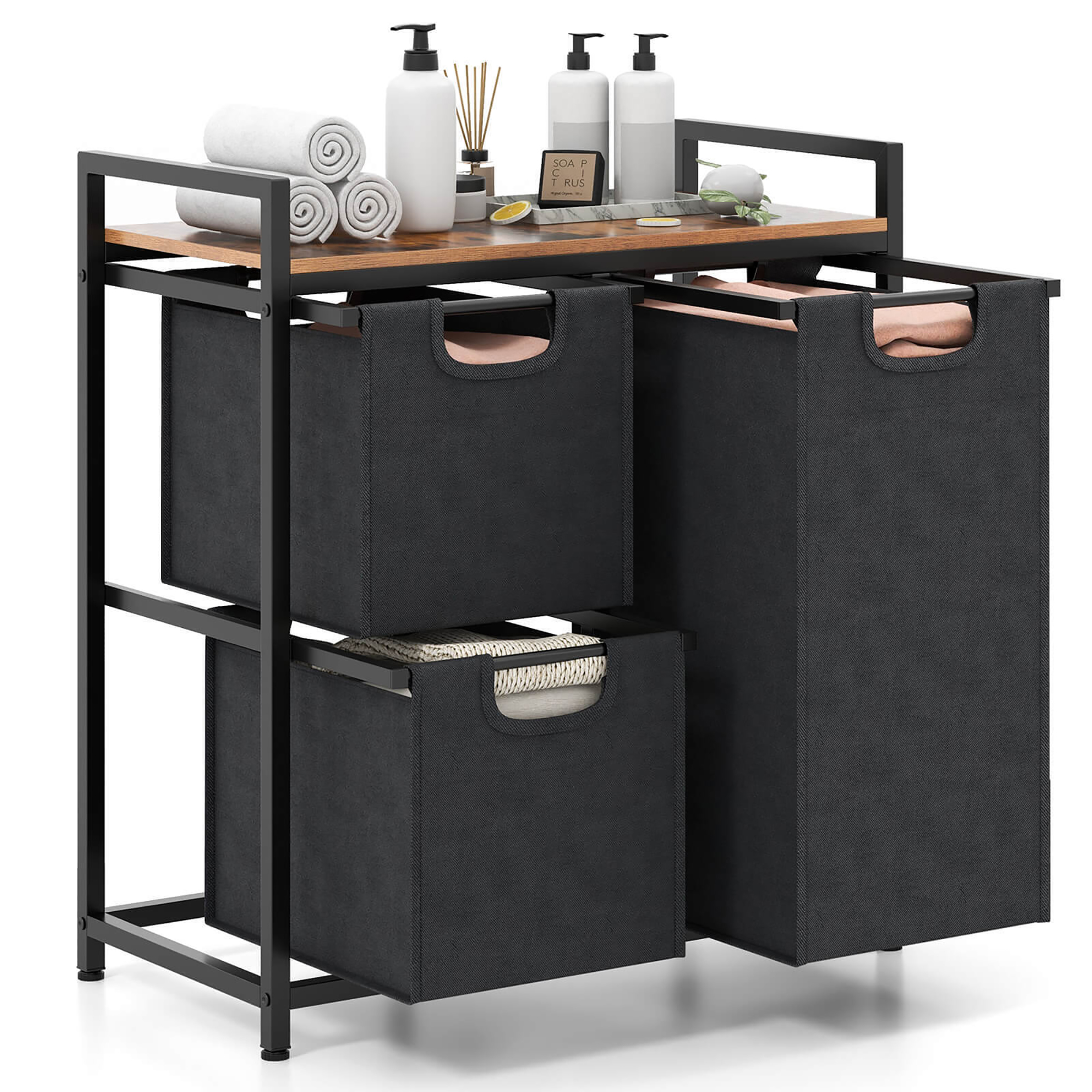 Gymax Freestanding Laundry Hamper Basket Organizer w/ 3 Pull-Out Removable Bags