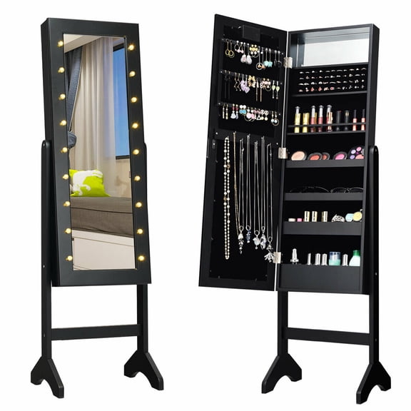 Gymax Full Length Mirror Jewelry Organizer Vanity Box w/ 18 LED Lights Black