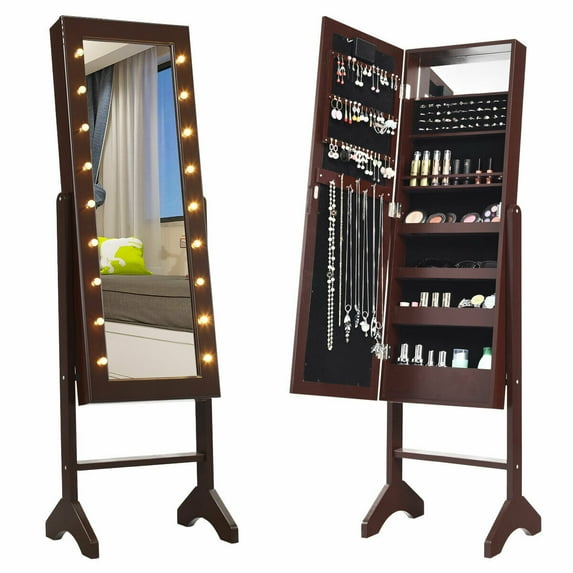 Gymax Full Length Mirror Jewelry Organizer Vanity Box w/ 18 LED Lights Brown