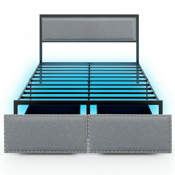 Gymax Full Size Bed Frame w/ 2 Storage Drawers LED Lights Slats Support Modern