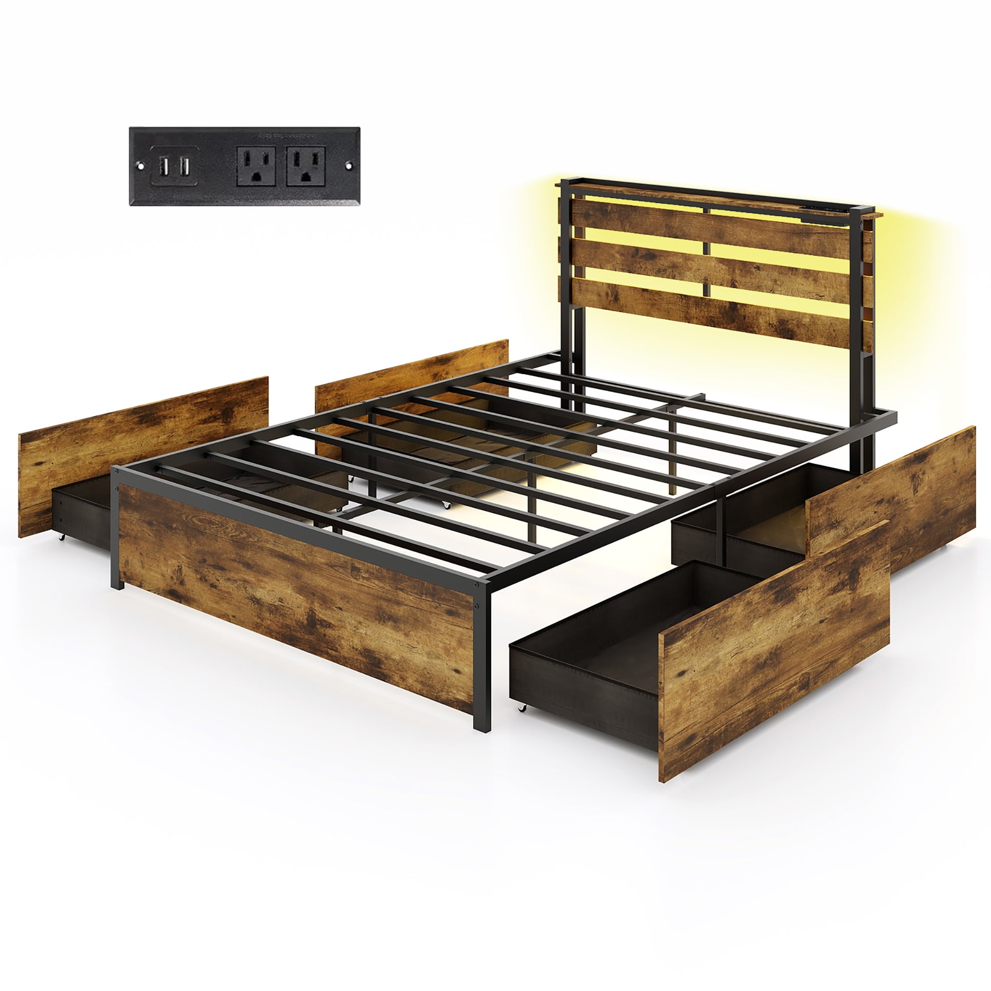 Gymax Full Size Bed Frame w/ Drawers LED Lights Outlets & USB Ports ...