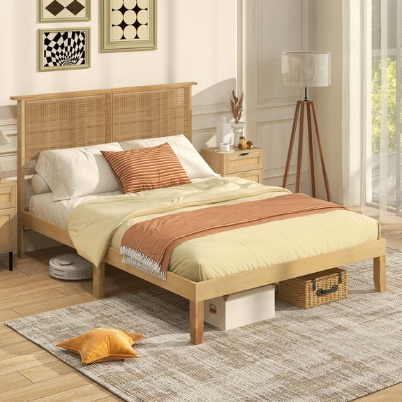 Gymax Full Size Bed Frame w/ Rattan Headboard 10 Solid Wood Legs & 12 Wooden Slats