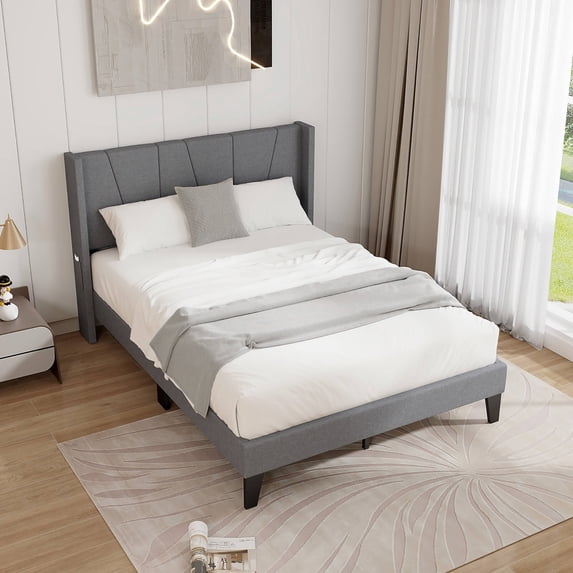 Gymax Full Size Upholstered Bed Frame w/ Elastic Pockets Mattress Foundation Gray