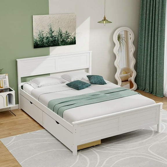 Gymax Full Size Wooden Bed Frame w/ 2 Storage Drawers & Under-bed Storage White