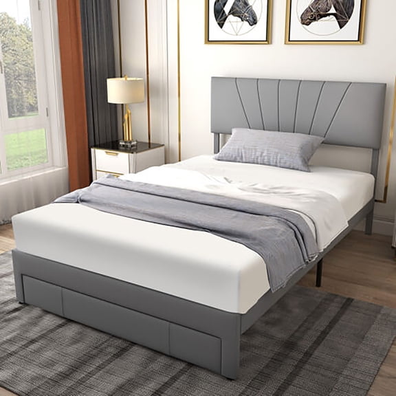 Gymax Full Upholstered Bed Frame Platform Bed with Drawer & Adjustable Headboard Grey