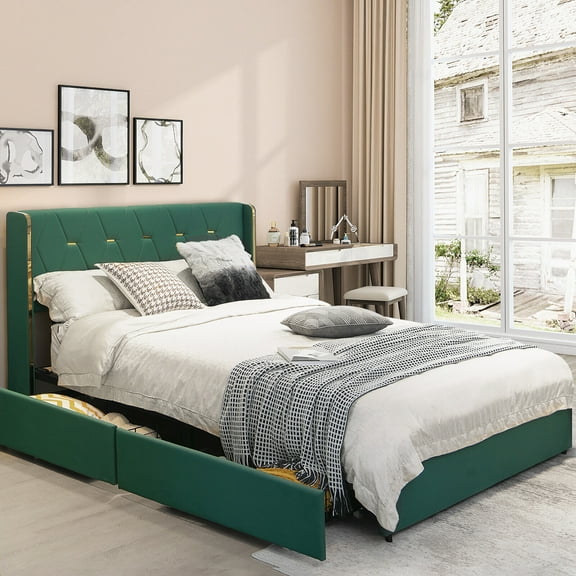 Gymax Full Upholstered Bed Frame with 4 Storage Drawers Headboard Green