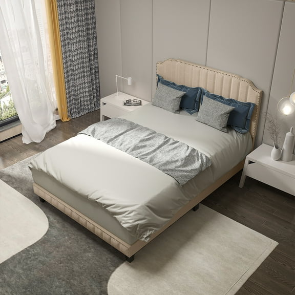 Gymax Full Upholstered Bed Frame with linen fabric vertical lines Rivets headboard