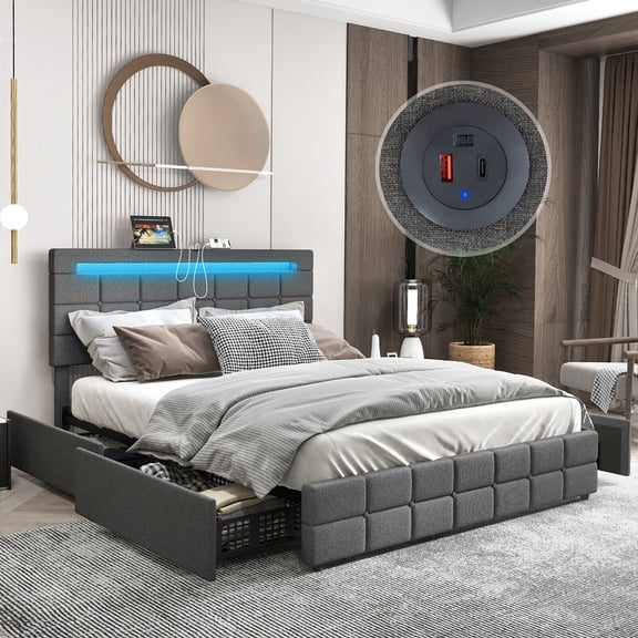 Gymax Full Upholstered Platform Bed with LED Headboard Charging Station Storage Drawer