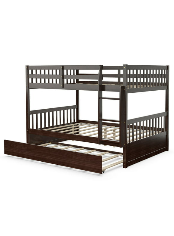 Gymax Full over Full Bunk Bed Platform Wood Bed w/ Trundle & Ladder Rail