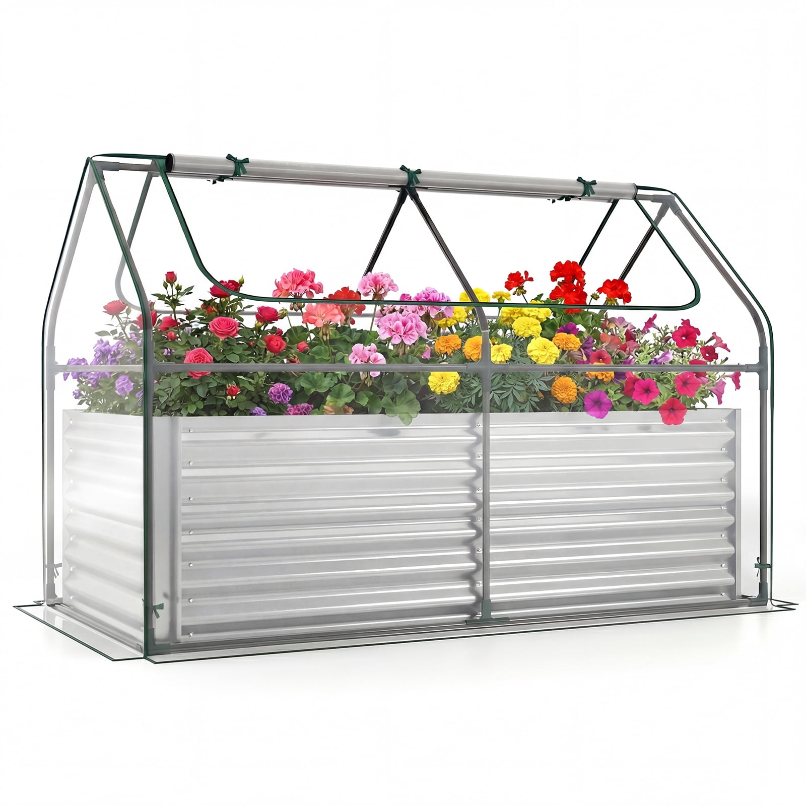 Gymax Galvanized Raised Garden Bed w/ Cover68''x33''x21''Planter Box w/ Mini Greenhouse Sliver & Clear