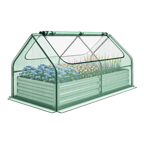 Gymax Galvanized Steel Raised Garden Bed Metal Planter Box Kit w/ Mini Greenhouse Cover