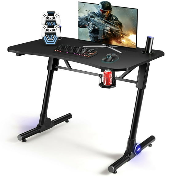 Gymax Gaming Computer Desk Height Adjustable w/ LED Light & Gaming Handle Rack