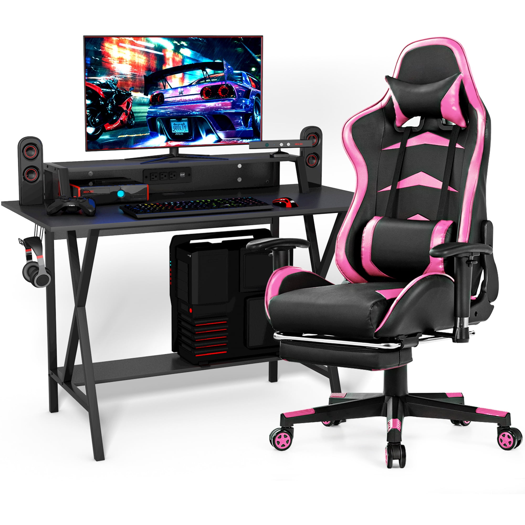Gymax Gaming Desk&Massage Gaming Chair Set w/ Footrest Monitor Shelf