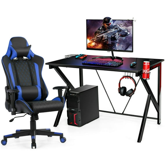 Gymax Gaming Desk&Massage Gaming Chair Set w/Headphone Hook & Game Storage Blue