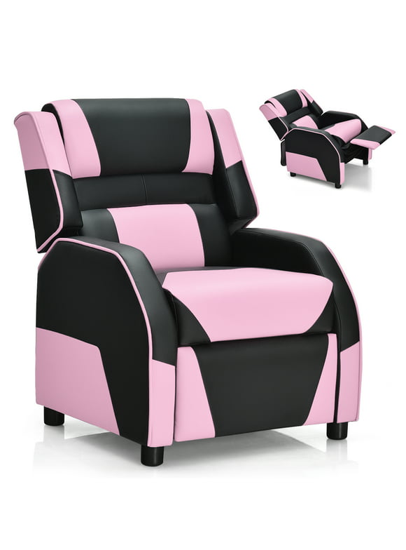 Gymax Gaming Recliner Sofa PU Leather Armchair for Kids Youth w/ Footrest Pink