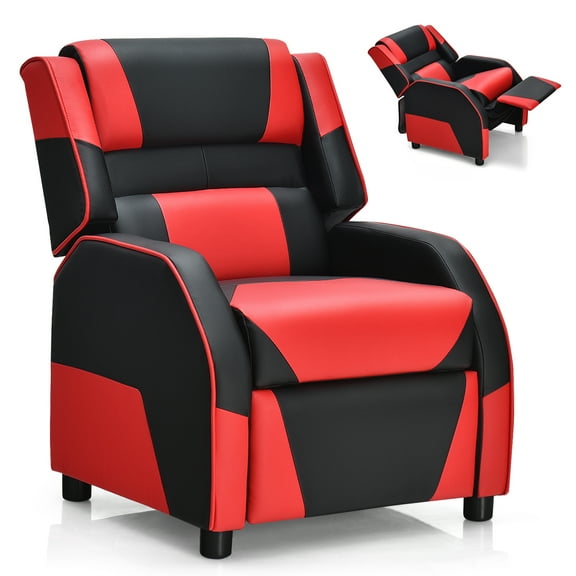 Gymax Gaming Recliner Sofa PU Leather Armchair for Kids Youth w/ Footrest Red