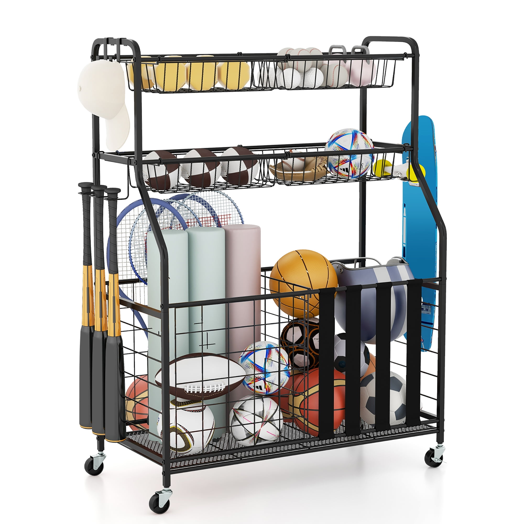 Gymax Garage Sports Equipment Organizer w/ Wheels Hooks